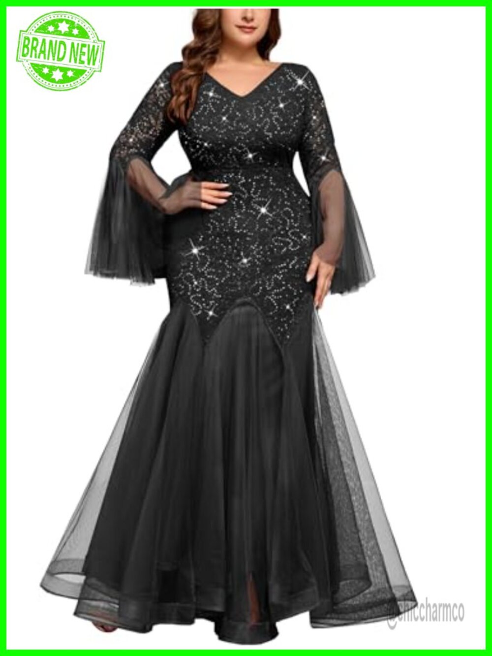 Plus Size Sequin Lace Tulle Mermaid Evening Gown Long Sleeve Formal Maxi Dress